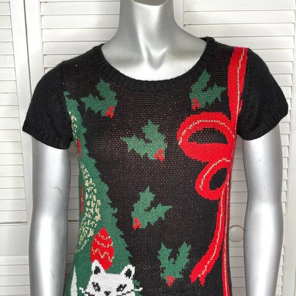 Xhilaration Cat Christmas Tree Sweater Dress Ugly Xmas Knit Black M 2000s Y2K - Picture 3 of 8